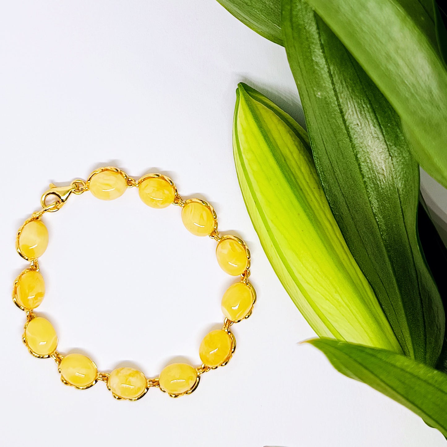 Weißes Bernsteinarmband, vergoldetes Sterlingsilber 925, Butterscotch