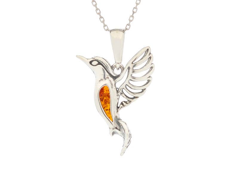 Kolibri-Anhänger aus Cognac-Bernstein, Sterlingsilber