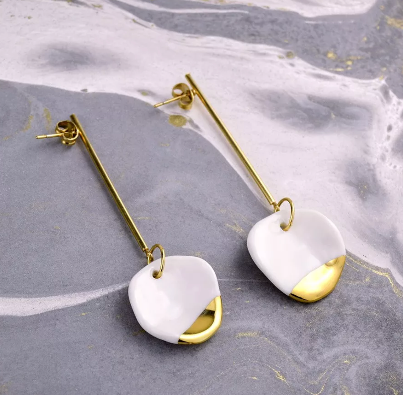 Circle Long Drop Earrings in White & Gold