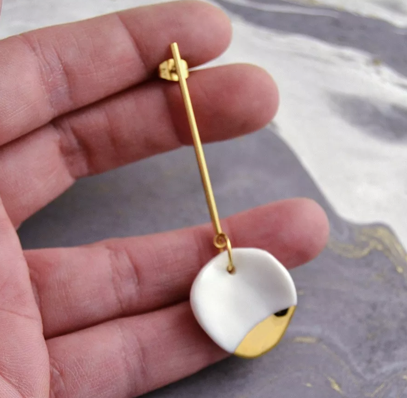 Circle Long Drop Earrings in White & Gold