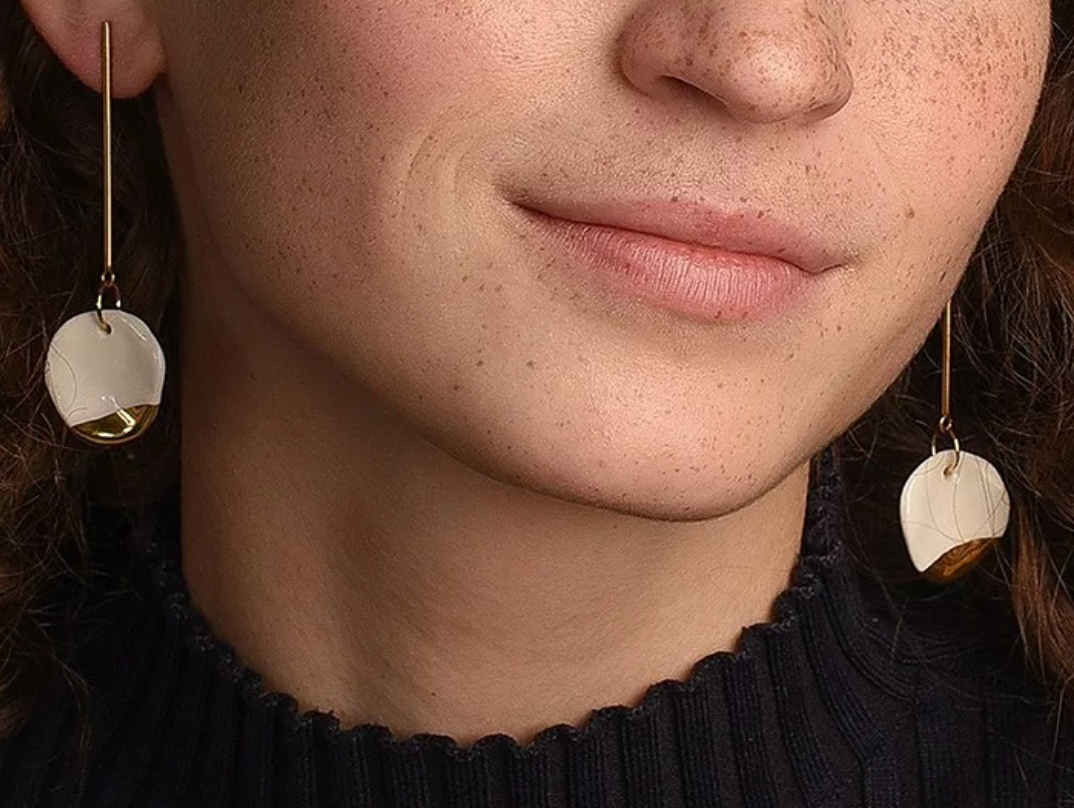 Circle Long Drop Earrings in White & Gold