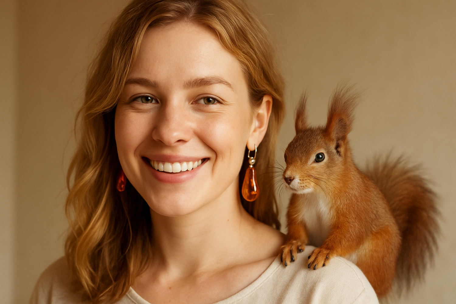 Blonde Frau mit Bernstein-Ohrringen und Eichhörnchen