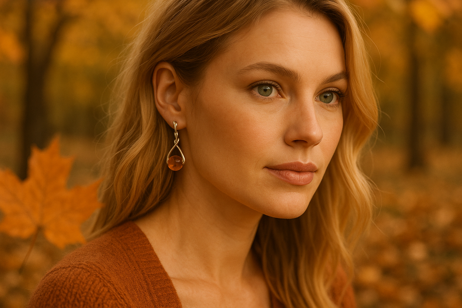 Herbstliches Bild mit Bernstein-Ohrringen - blonde Frau mit grünen Augen