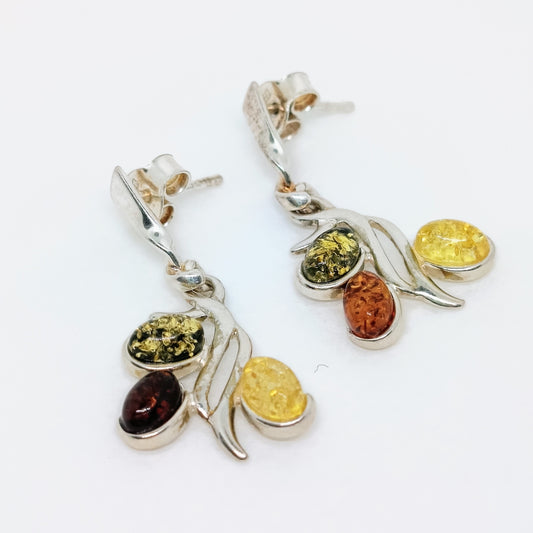 925 silver stud earrings trio, with Baltic amber