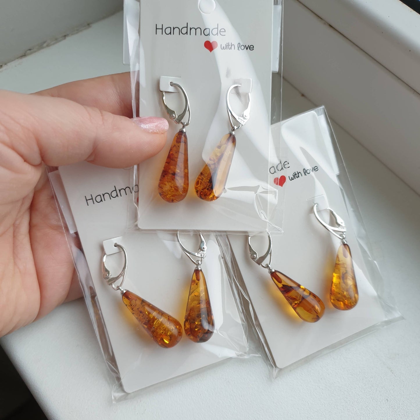 Amber earrings, crystal teardrop