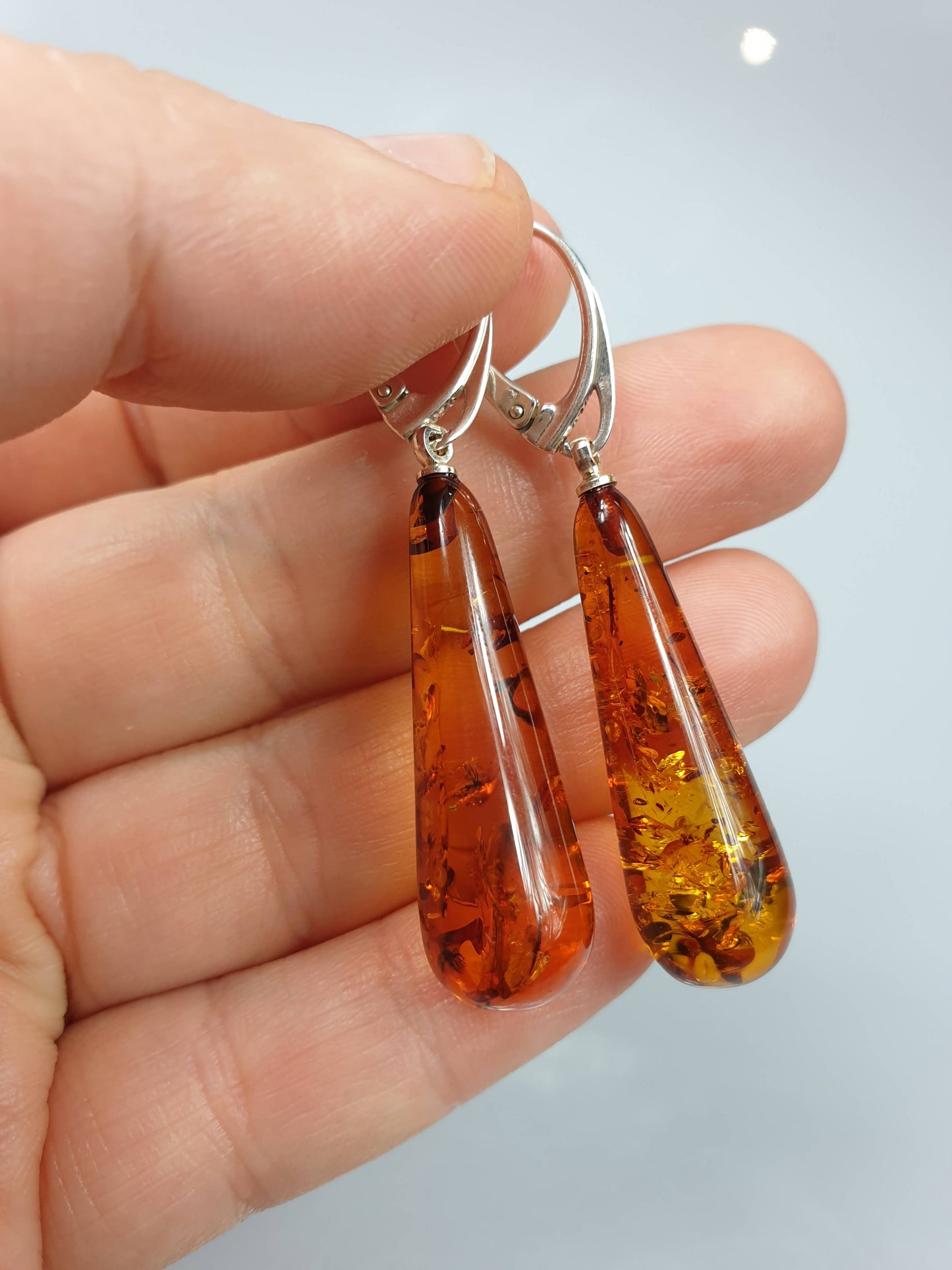 Amber earrings, crystal teardrop