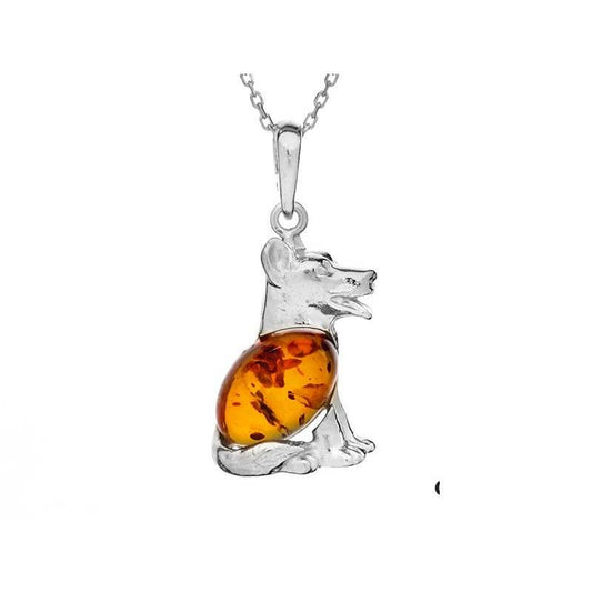 Hundeanhänger mit ovalem naturfarbenem Cognac-Bernstein, Sterlingsilber