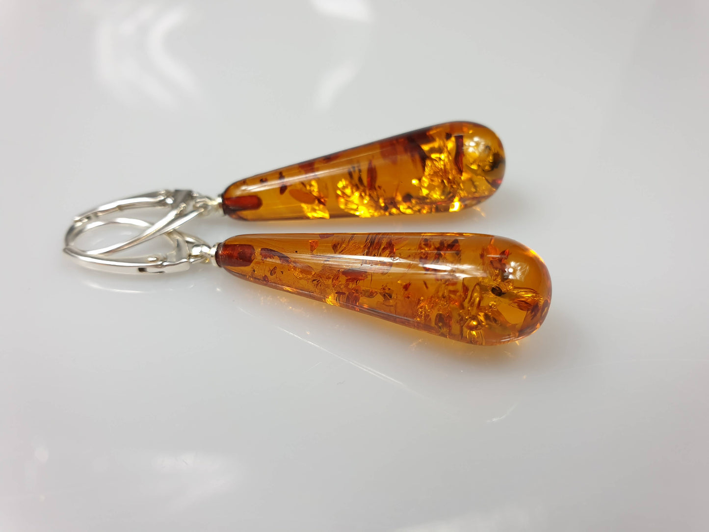 Amber earrings, crystal teardrop