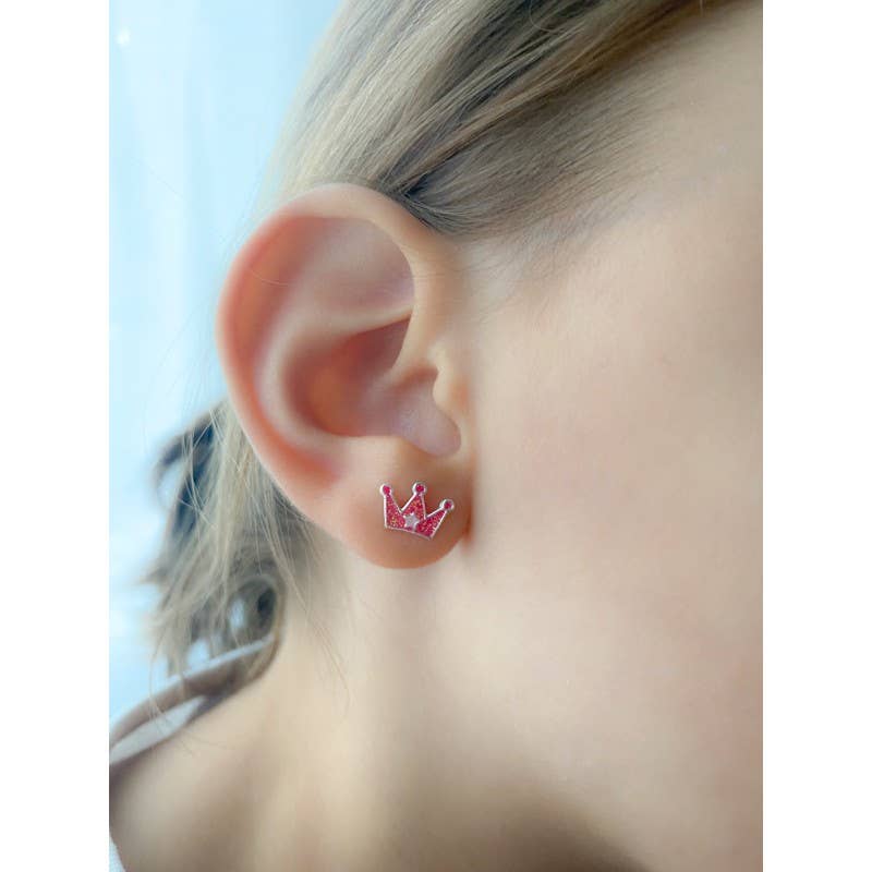 Fuchsia princess earring with crown motif, 925 silver