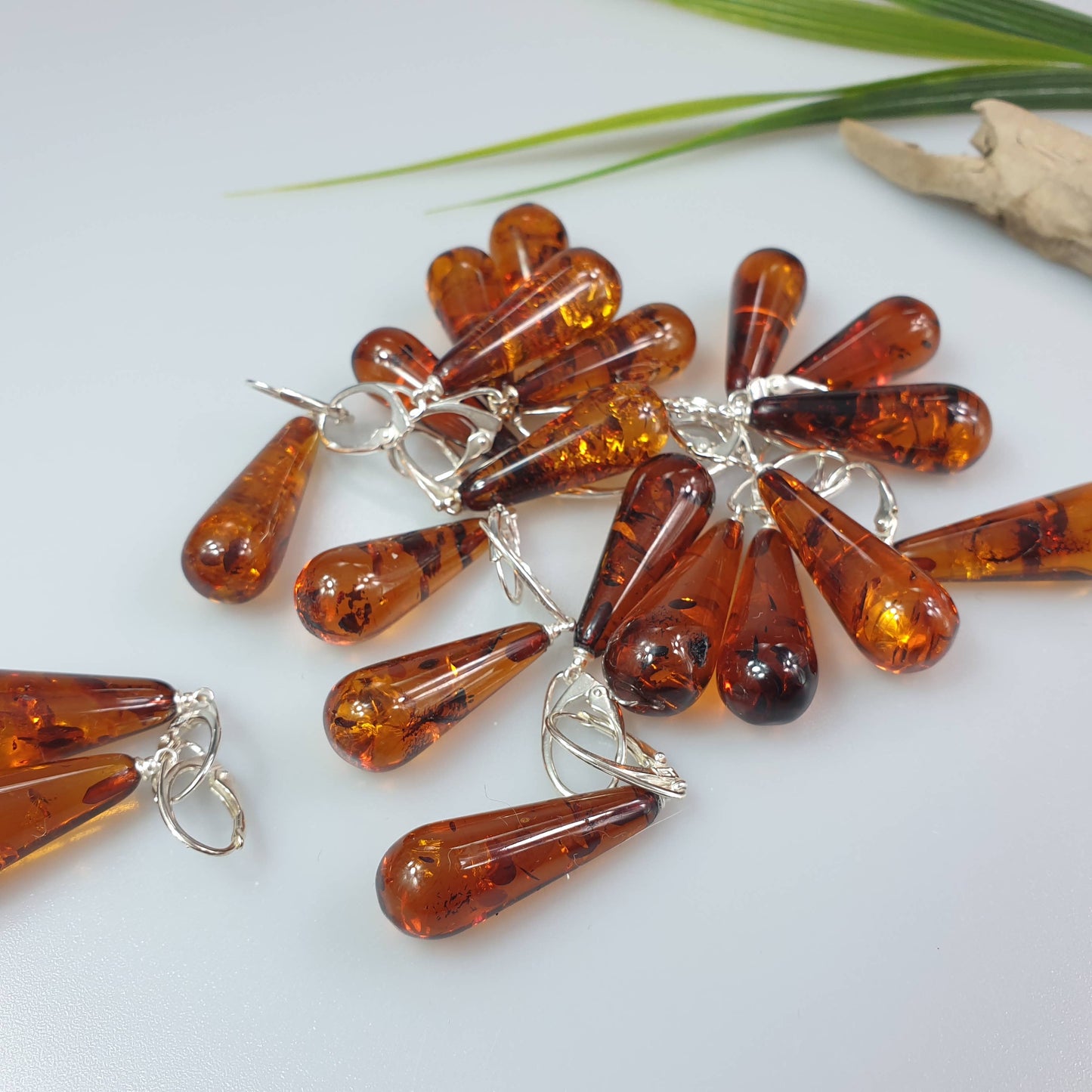 Amber earrings, crystal teardrop