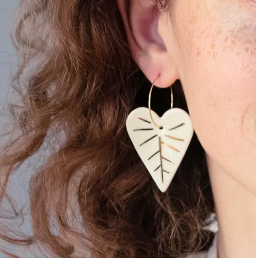 Hoop earrings, white leaf