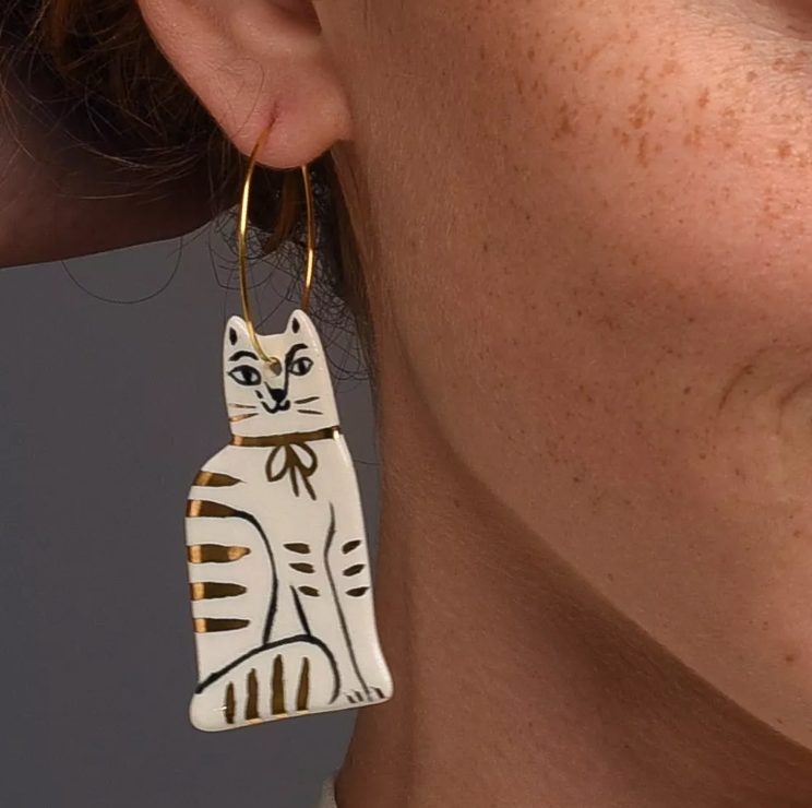 Hoop earrings with tabby cat