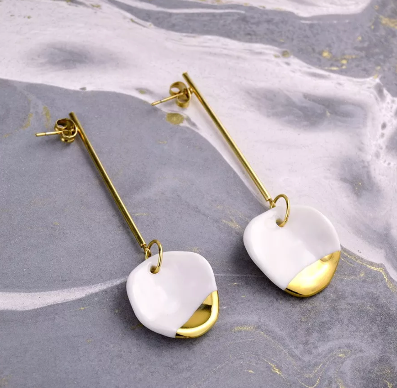 Circle Long Drop Earrings in White &amp; Gold