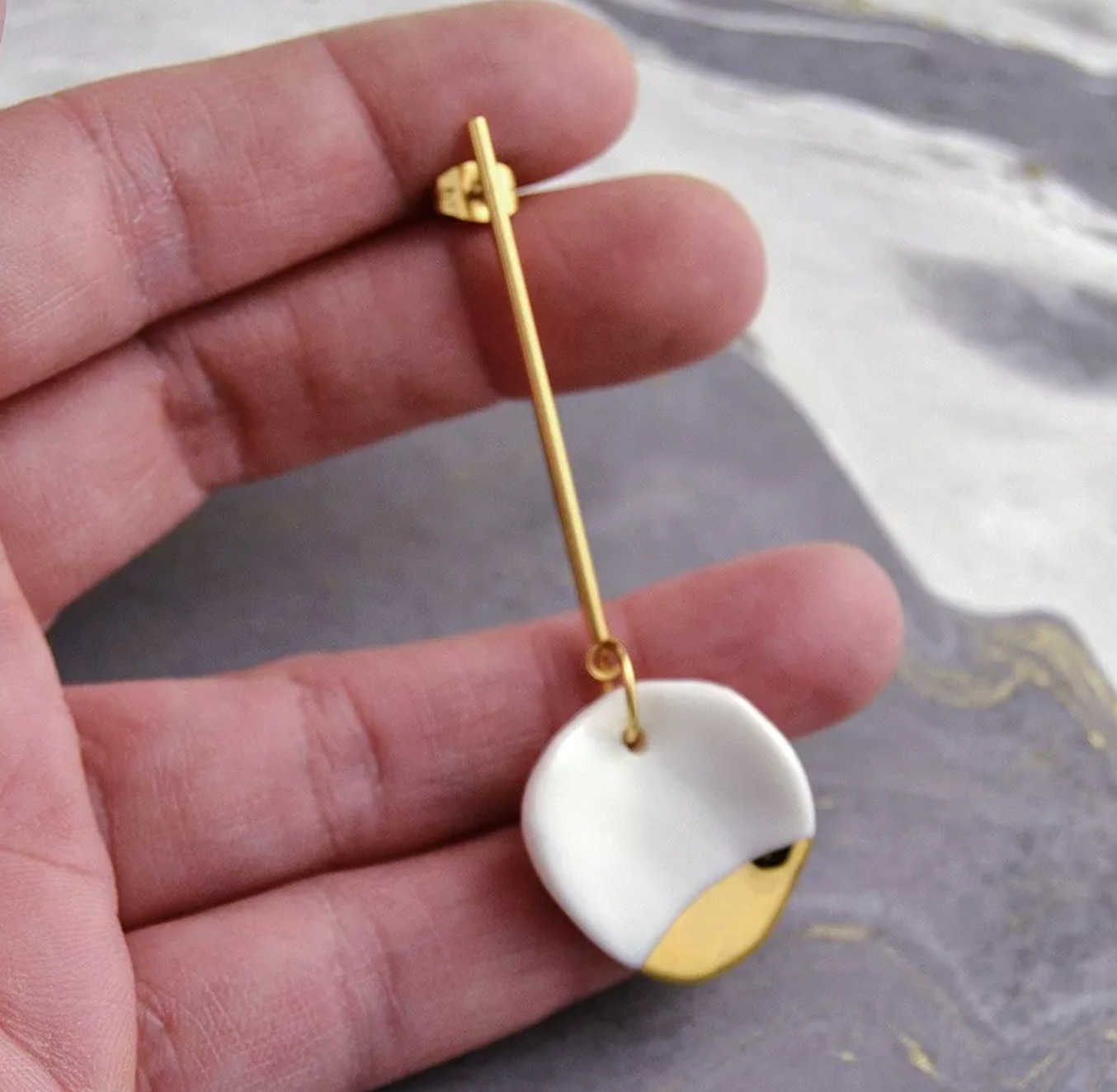 Circle Long Drop Earrings in White &amp; Gold