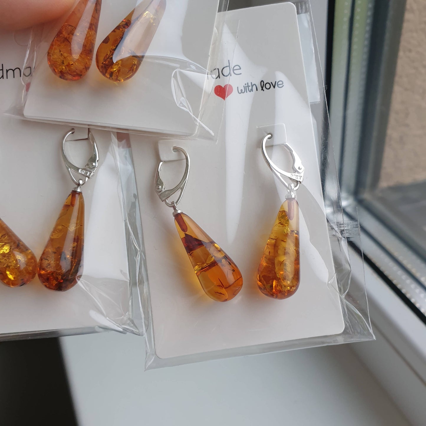 Amber earrings, crystal teardrop