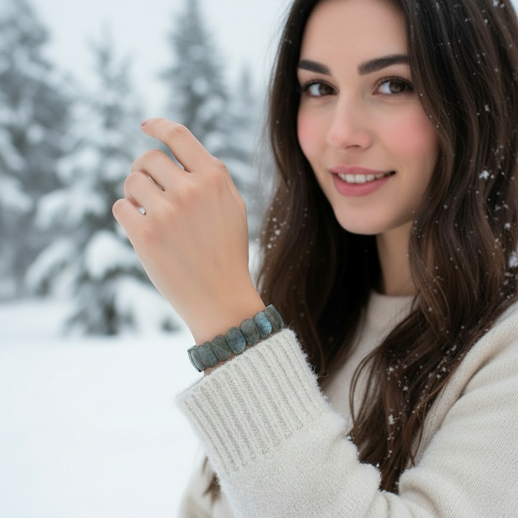 Brünette Frau mit Labradorit-Armband schaut uns an
