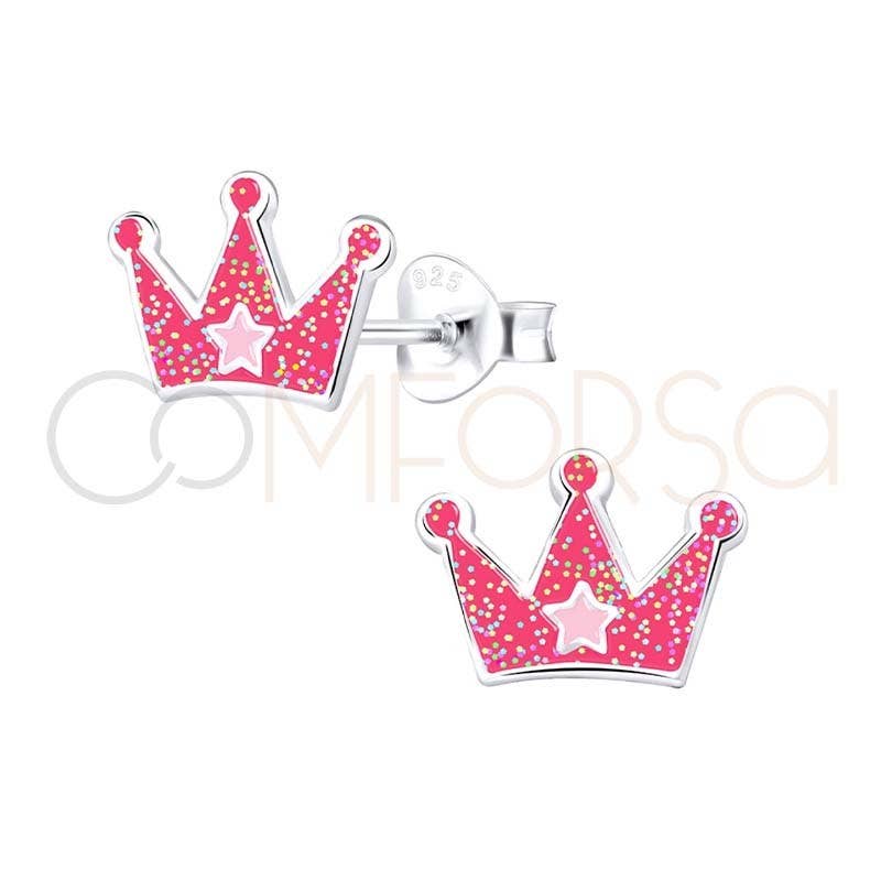 Fuchsia princess earring with crown motif, 925 silver