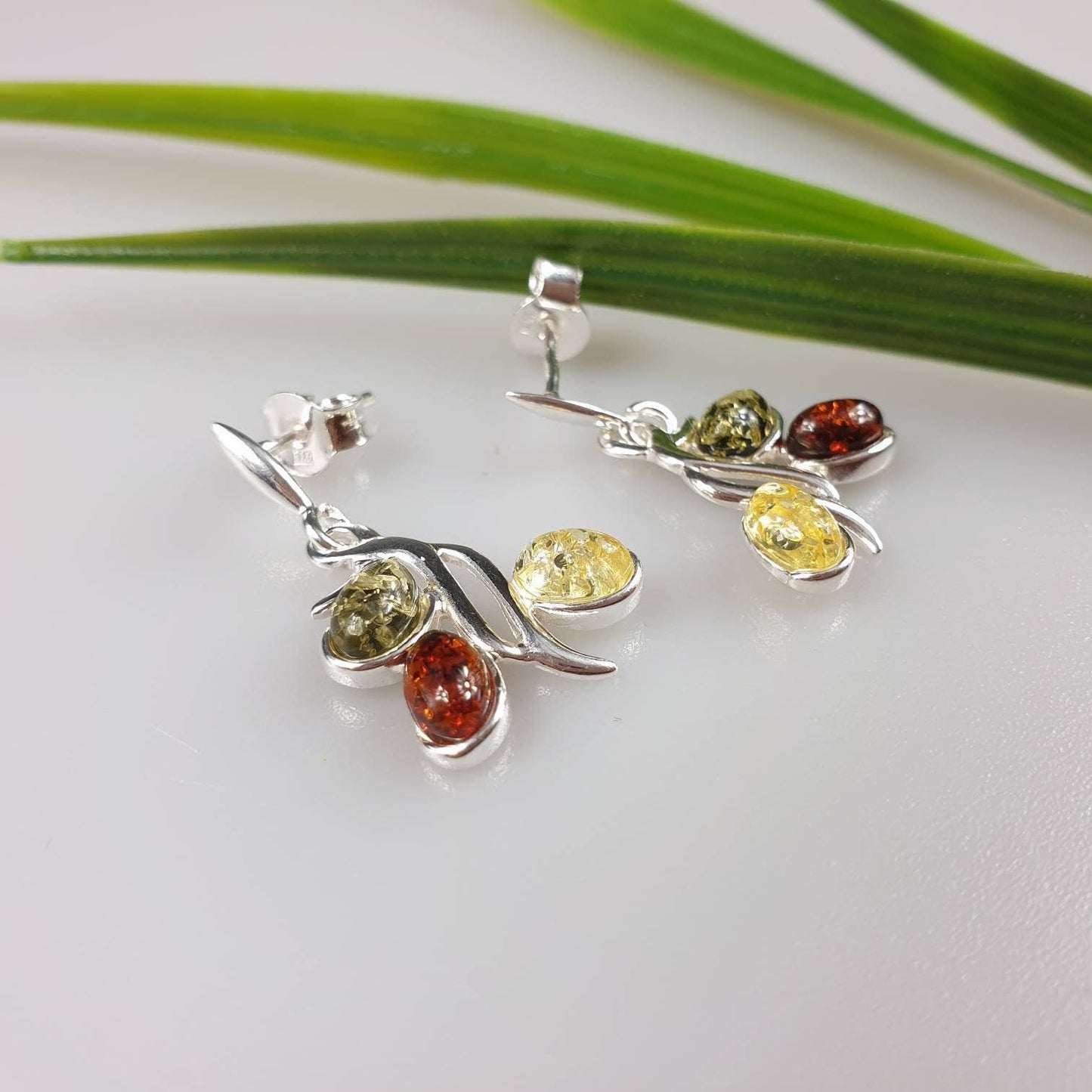 Amber earring Silver stud earrings Small elegant amber