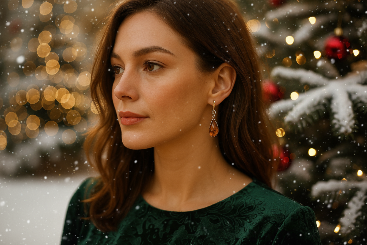 Weihnachtliches Portrait mit Bernstein-Ohrringen