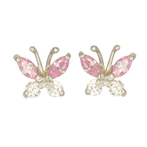 Boucles d'oreilles clous papillon en cristal rose/blanc, argent 925